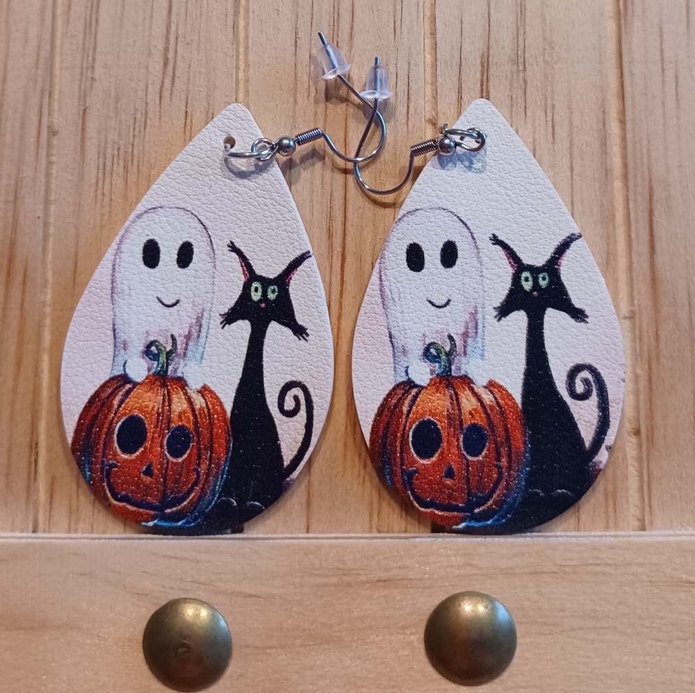 Halloween Ghost Cat Faux Leather Teardrop Dangle Earrings